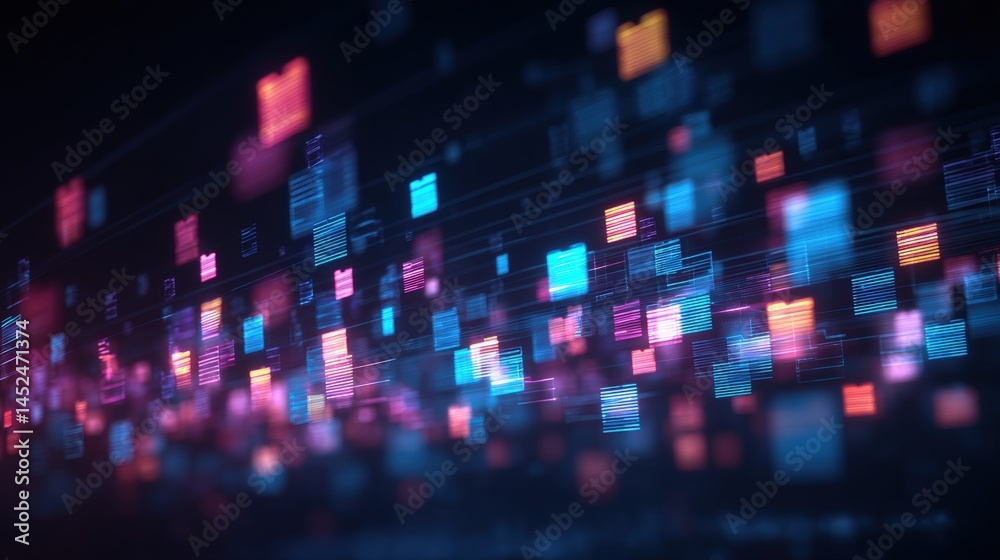 Poster abstract network grid with files and folders, futuristic software interface, digital document manage