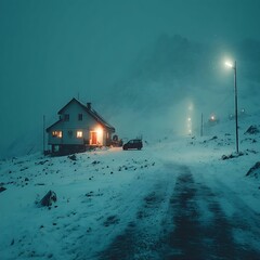 Snowy Mountain Cabin at Twilight