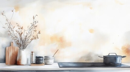 Custom vertical slats with your photo Watercolor Serene Kitchen: Simple Elegance - Calm kitchen scene, watercolor , natural elements, minimalist aesthetic, cozy ambiance. Symbolizing peace, simplicity, homeliness, warmth