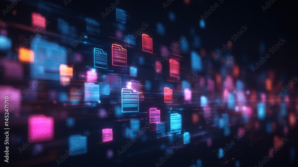 Poster abstract network grid with files and folders, futuristic software interface, digital document manage