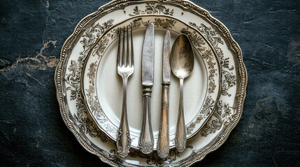 A classic fine dining arrangement with antique silver utensils, including a fork, knife, and spoon, laid out on an ornate vintage plate.
