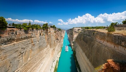 beautiful scenery of the corinth canal in a bright sunny day against a blue sky with white clouds among the rocks floating white ship in turquoise water