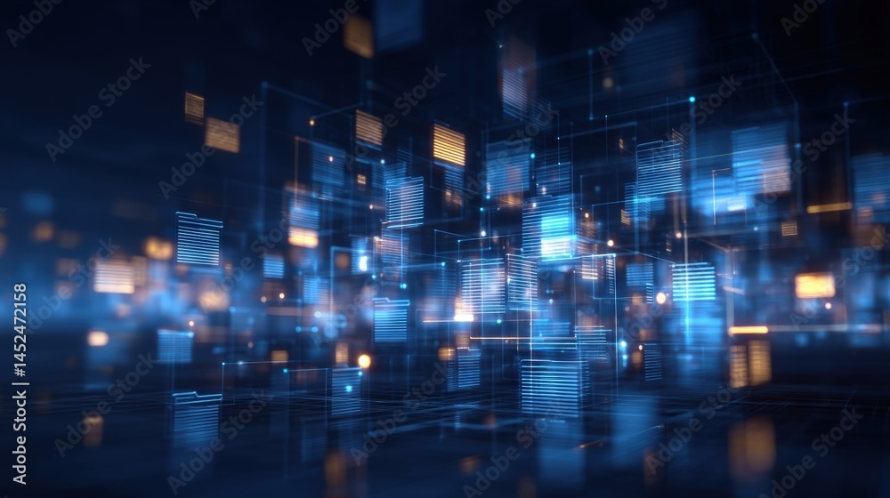 Poster abstract network grid with files and folders, futuristic software interface, digital document manage