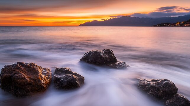 Serene Sunset Seascape with Rocks and Mountains