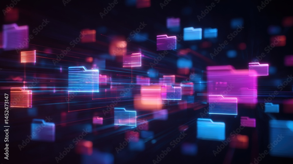 Poster abstract network grid with files and folders, futuristic software interface, digital document manage