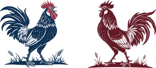 Crowing Rooster Illustration Set