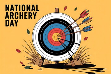 Celebrate National Archery Day Arrows hitting the bullseye on a vibrant target autumn leaves falling a fun illustration