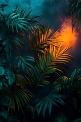 Tropical Lush Foliage Under Neon Light