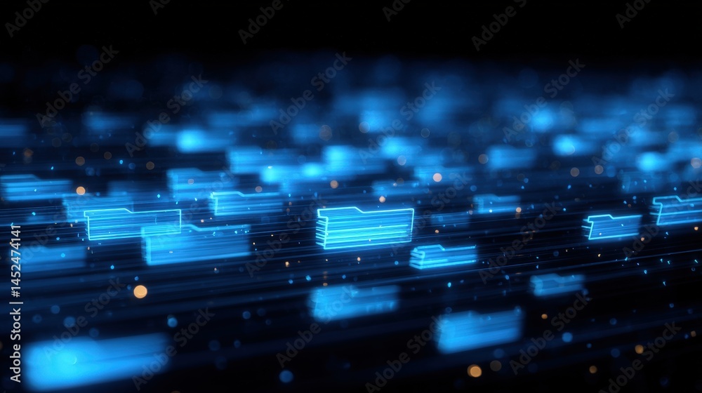 Poster abstract network grid with files and folders, futuristic software interface, digital document manage
