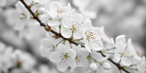 Obraz premium Monochromatic close-up of delicate white blossoms, soft light, vintage, botanical