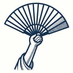 Create a vector illustration of a hand fan, bold black stroke,  dynamically waving, suggesting airflow.  High detail, sharp lines.