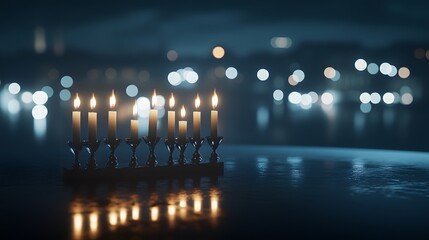 Eight candles illuminate a menorah, set against a blurred cityscape at night.