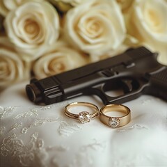 Wedding Rings Resting on a Pillow Near a Handgun