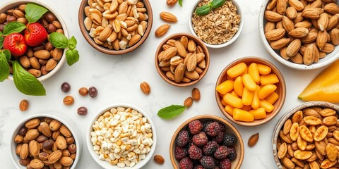 Fototapeta premium Overhead shot of diverse superfoods & nuts in bowls on marble, tasty, bowls