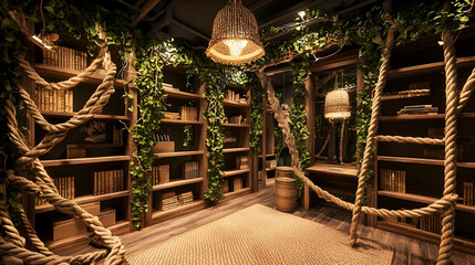 Cozy, jungle-themed library with wooden shelves, climbing ropes, and greenery. Books and lamps adorn the space