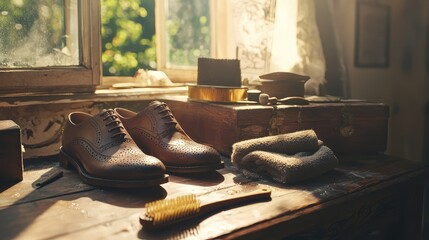 A classic scene with brogue shoes and their cleaning tools--brush, cloth, and polish