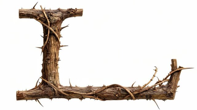 Rotating thorny wooden letter "l" on white background