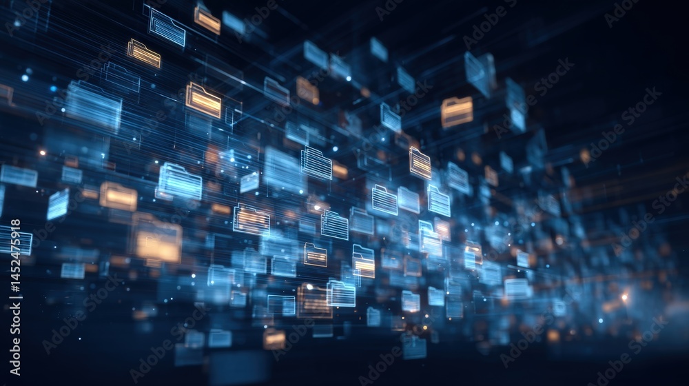 Poster abstract network grid with files and folders, futuristic software interface, digital document manage