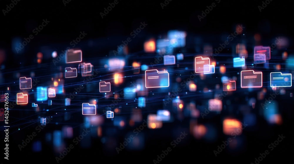 Poster abstract network grid with files and folders, futuristic software interface, digital document manage