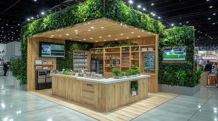 Modern exhibition booth showcasing natural products in a vibrant trade show environment
