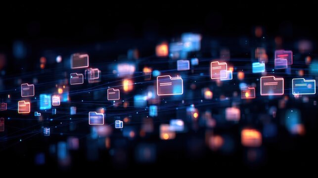 Abstract network grid with files and folders, futuristic software interface, digital document management system, store, search and organize documents, corporate business, paperless office,	
