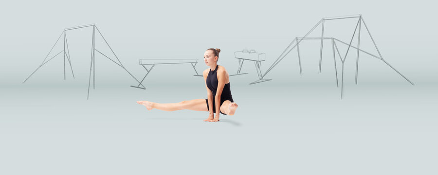 Young woman training in artistic gymnastics, a rhythmic gymnast isolated against a background of artistic gymnastics equipment sketches. Sports workout, fitness, and well-being concept