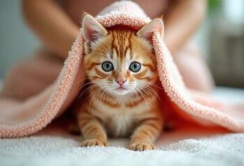 Adorable Kitten Resting Under Soft Pink Blanket at Home.jpeg