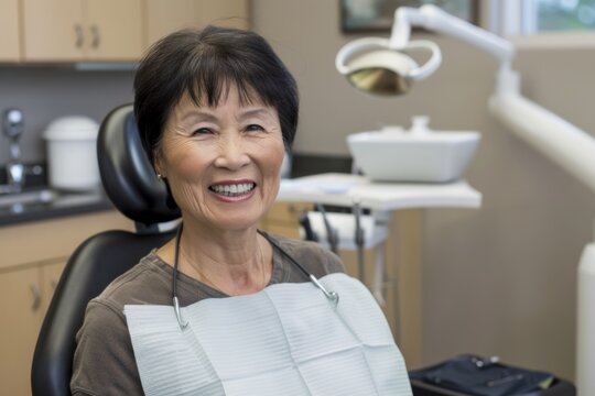 smiling middle aged female asian dentist in a modern dentists office portrait