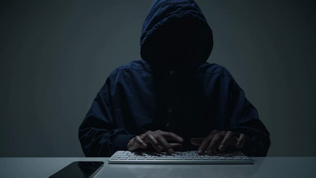 Hooded person typing on keyboard in dark room, symbolizing anonymous hacking and cyber threats

