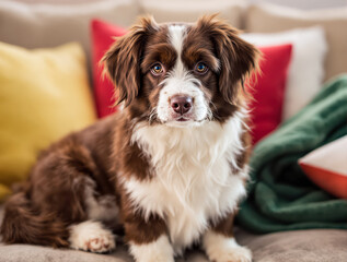 adorable brown and white puppy sitting on a couch