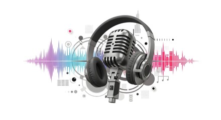 Microphone and Headphone with Abstract Audio Wave Background