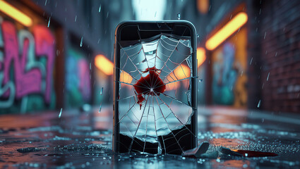 Smartphone with shattered screen and spiderweb cracks in rainy urban alley with graffiti background