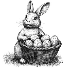 Vintage Easter Bunny holding basket full of eggs, woodcut sketch, retro rabbit art, old engraving, hand drawn animal, rustic spring design, antique Easter vector, classic clipart