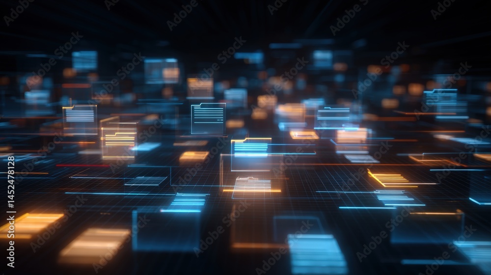 Poster abstract network grid with files and folders, futuristic software interface, digital document manage