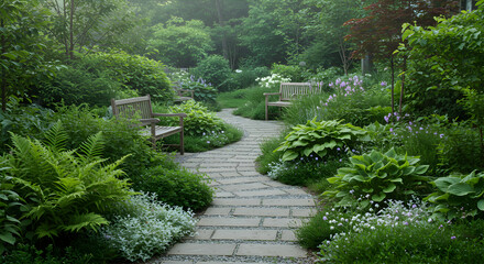 Tranquil Garden Pathway Leading To Serene Wooden Benches Surrounded By Lush Foliage