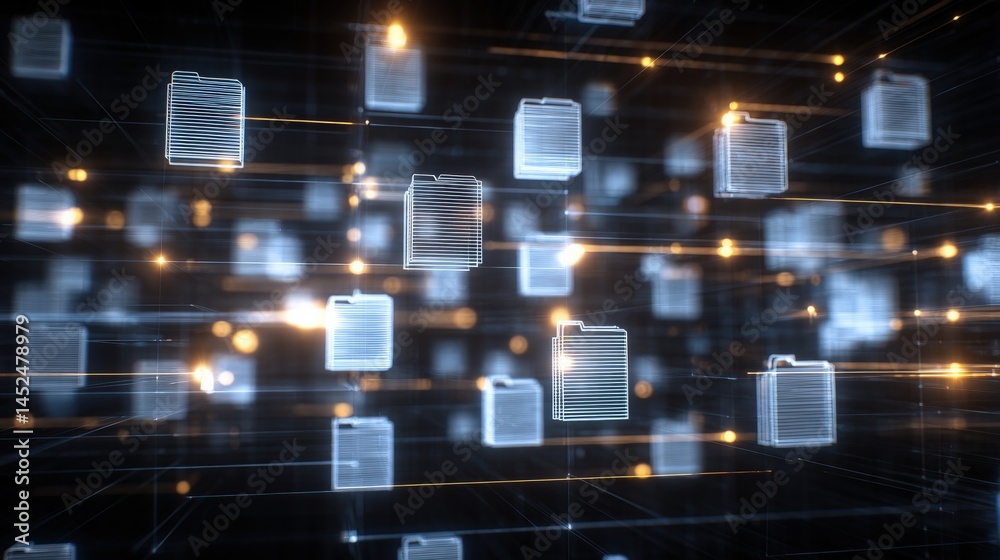 Poster abstract network grid with files and folders, futuristic software interface, digital document manage