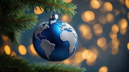 Blue globe-shaped Christmas ornament hanging on a tree branch with golden bokeh lights in the background