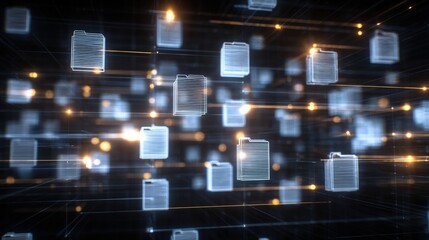 Abstract network grid with files and folders, futuristic software interface, digital document management system, store, search and organize documents, corporate business, paperless office,	