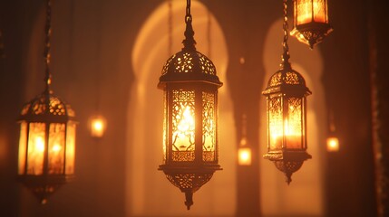 Obraz premium Intricate, illuminated Moroccan lanterns hang in a dimly lit archway, casting a warm, inviting glow. The scene evokes a sense of mystery and tranquility.