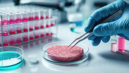 Scientist handling lab-grown meat sample in petri dish with tweezers in laboratory setting, concept of cultured meat and sustainable food technology