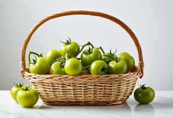 There are many green tomatoes in one basket on one table