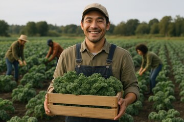Happy farmer with fresh kale