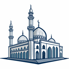 Create a vector illustration of a bold-stroked mosque silhouette, featuring prominent architectural details.  Include a detailed minaret and dome.