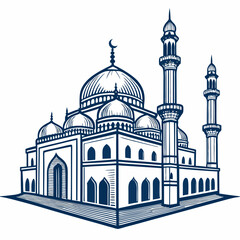 Create a bold vector illustration of a mosque with a thick outline, emphasizing architectural details.  Include minarets and a dome.