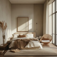 Bedroom interior with bed chair rug and natural light from the window