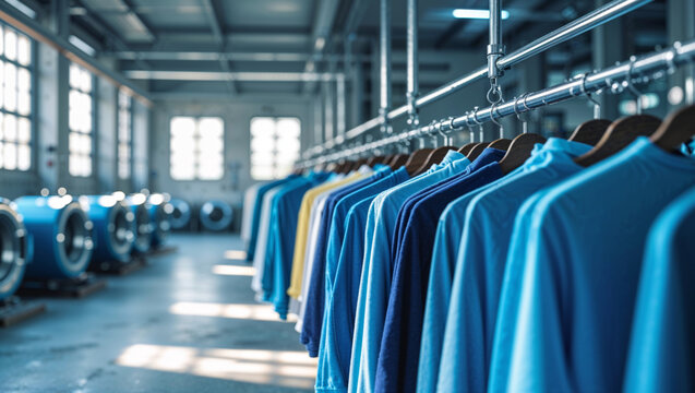 A row of blue shirts neatly hung inside a warehouse for industrial laundry services and textiles.