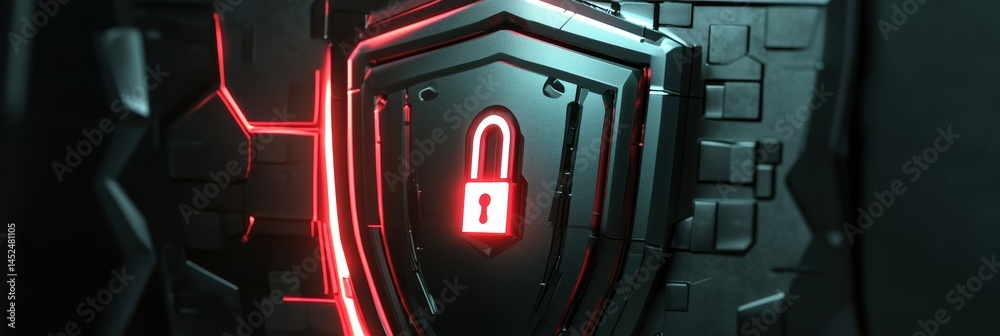 Poster digital shield with lock representing cyber security and data protection concepts