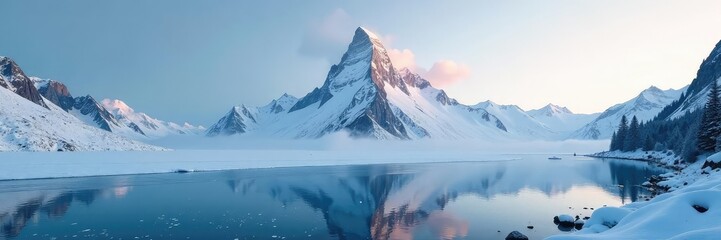 A solitary mountain peak rises above a frozen lake, rugged terrain, snow-capped mountain