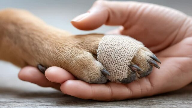Warm connection: human hand gently holds bandaged dog paw in caring gesture