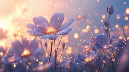 Soft-lit, ethereal cosmos flowers in a dreamy field.